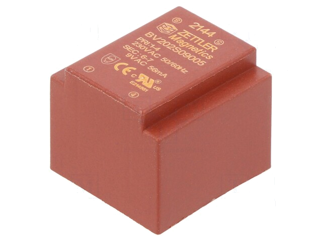 Transformator: ingegoten; 0,5VA; 230VAC; 9V; 55,6mA; PCB Transformator: ingegoten; 0,5VA; 230VAC; 9V; 55,6mA; PCB